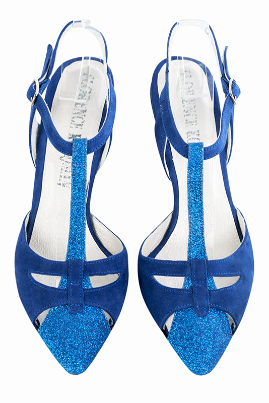 Electric blue women's open back T-strap shoes. Tapered toe. High slim heel. Top view - Florence KOOIJMAN